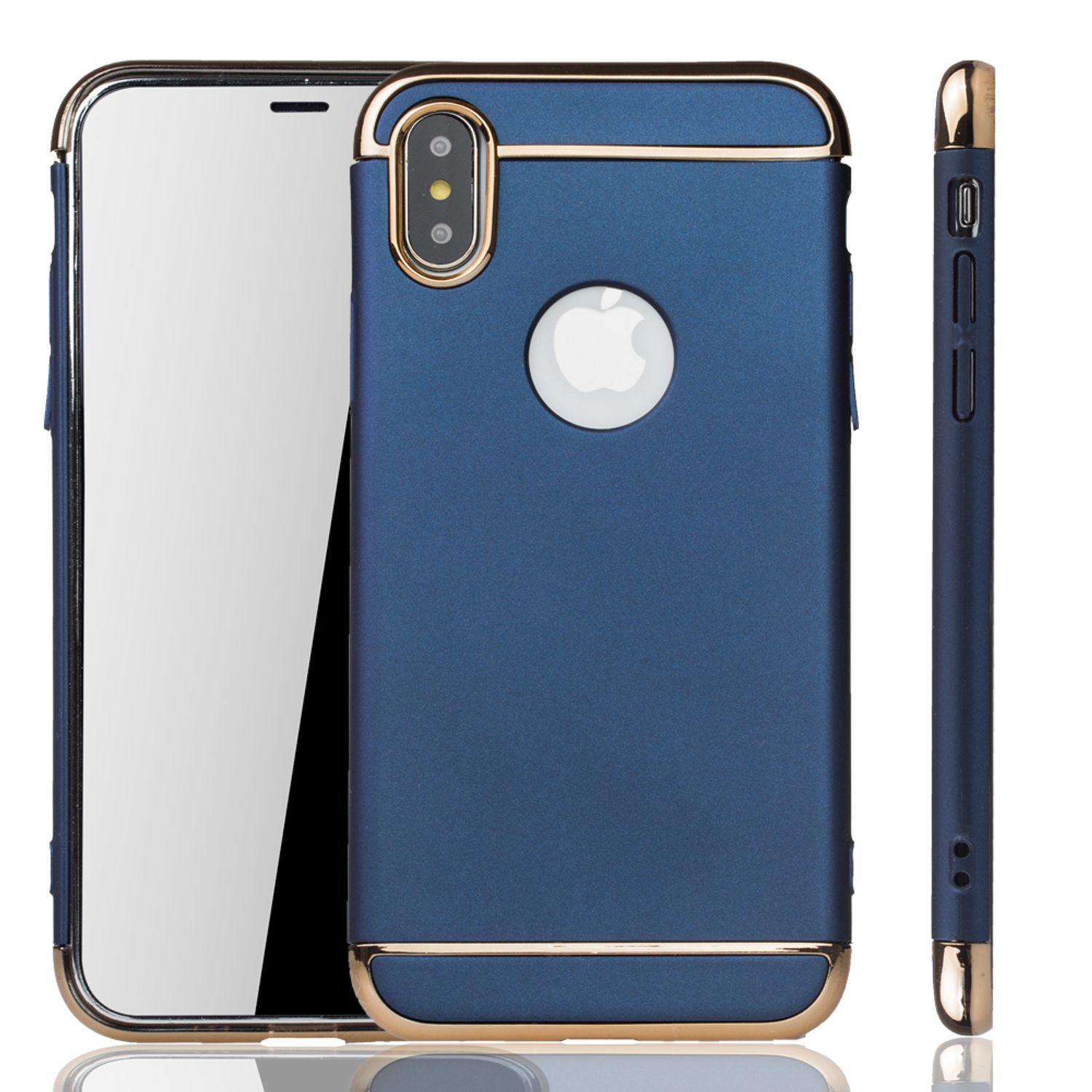 Blaue Handyhülle mit goldenem Rand. Telefon links, Hülle Mitte, Seitenansicht rechts.