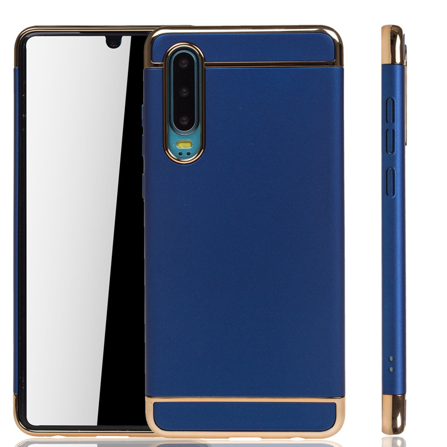 Blaue Handyhülle mit goldfarbener Umrandung, zeigt Kamera und Bildschirm des Telefons.