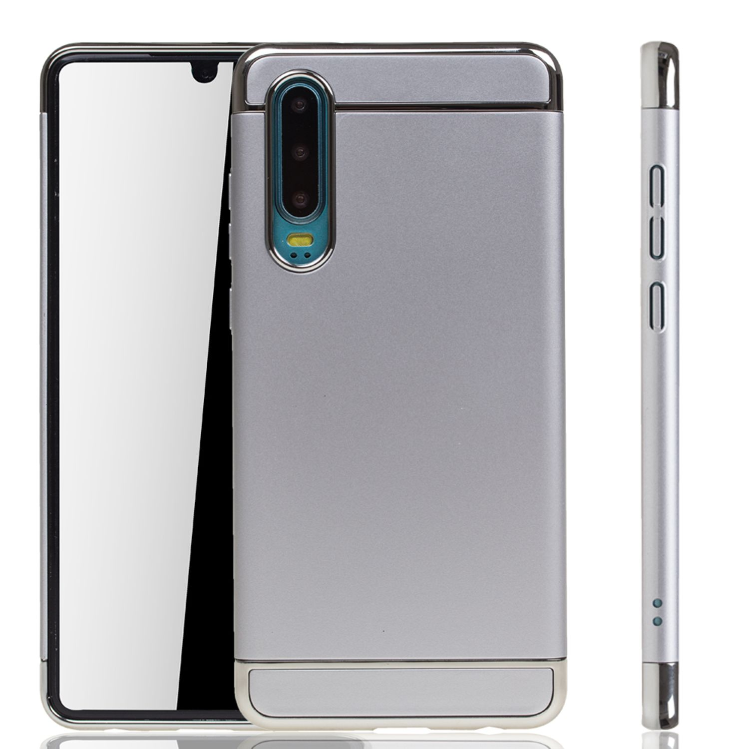 Silbernes Handycase mit Telefon, Vorder- und Seitenansicht.