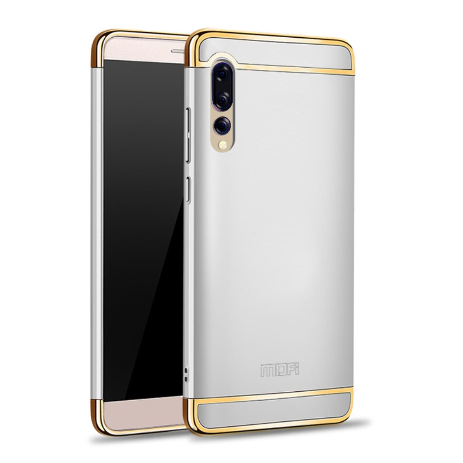 Silberne Handyhülle mit goldenem Rand. Das Telefon befindet sich in der Hülle. Text: MOFi.