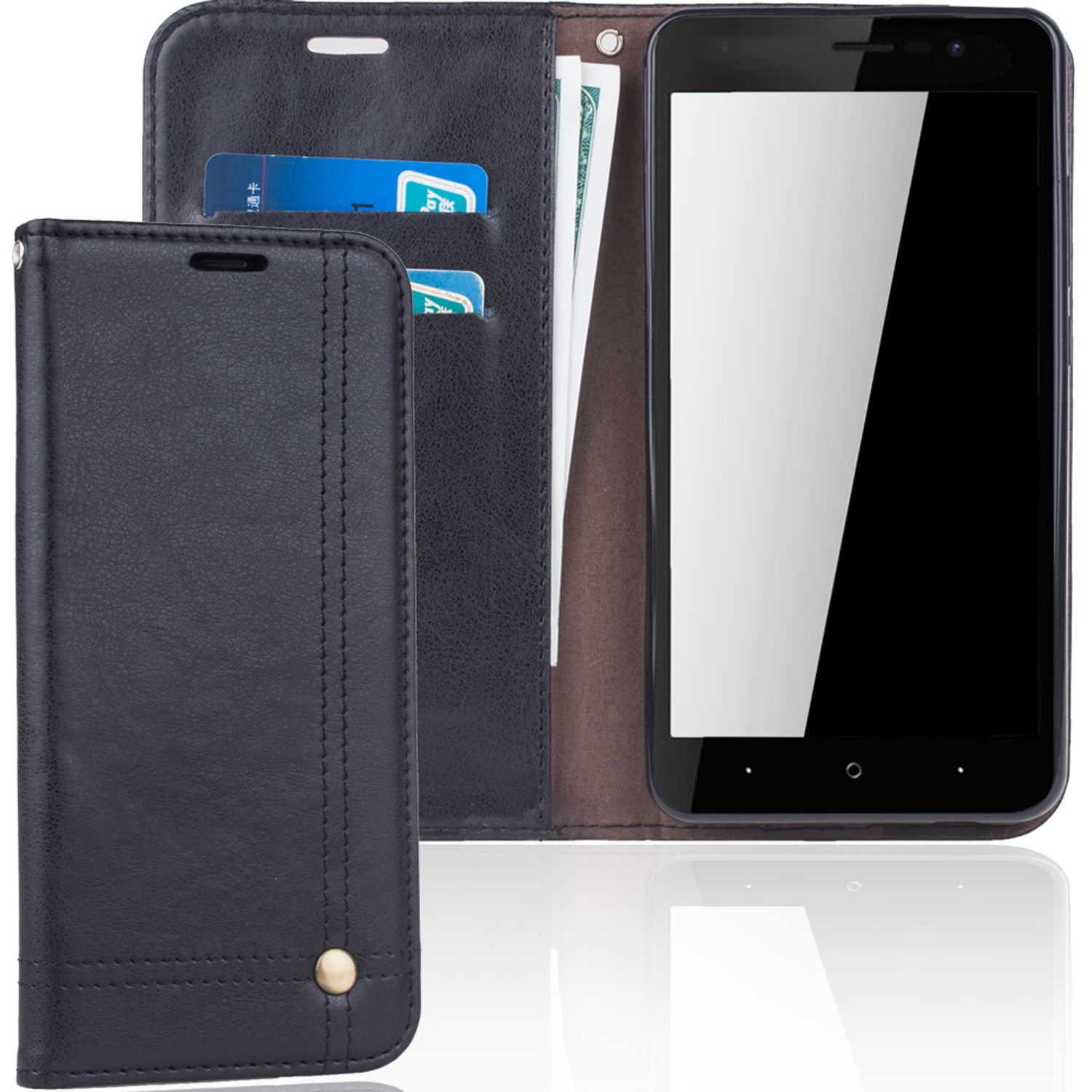 Eine schwarze Leder-Handyhülle mit Fächern für Karten und Bargeld. Ein Telefon befindet sich im offenen Etui.