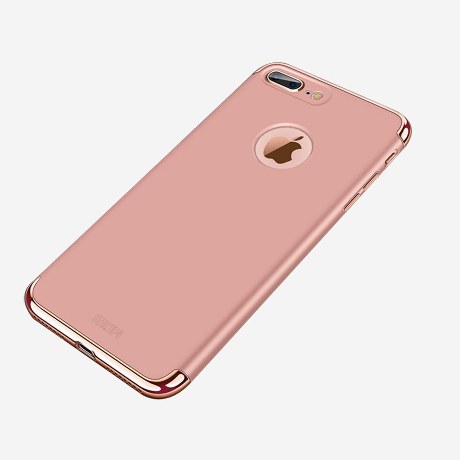 Rosa iPhone-Hülle mit roségoldfarbenem Rand und Apple-Logo-Ausschnitt.