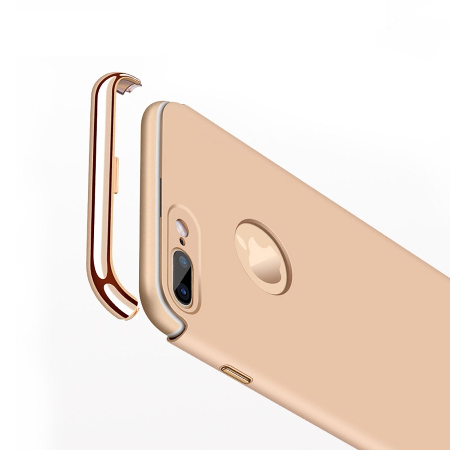 Goldenes Handycase mit eingelegtem Telefon. Das Case ist geöffnet. Das Telefon hat Kamera und Blitz.