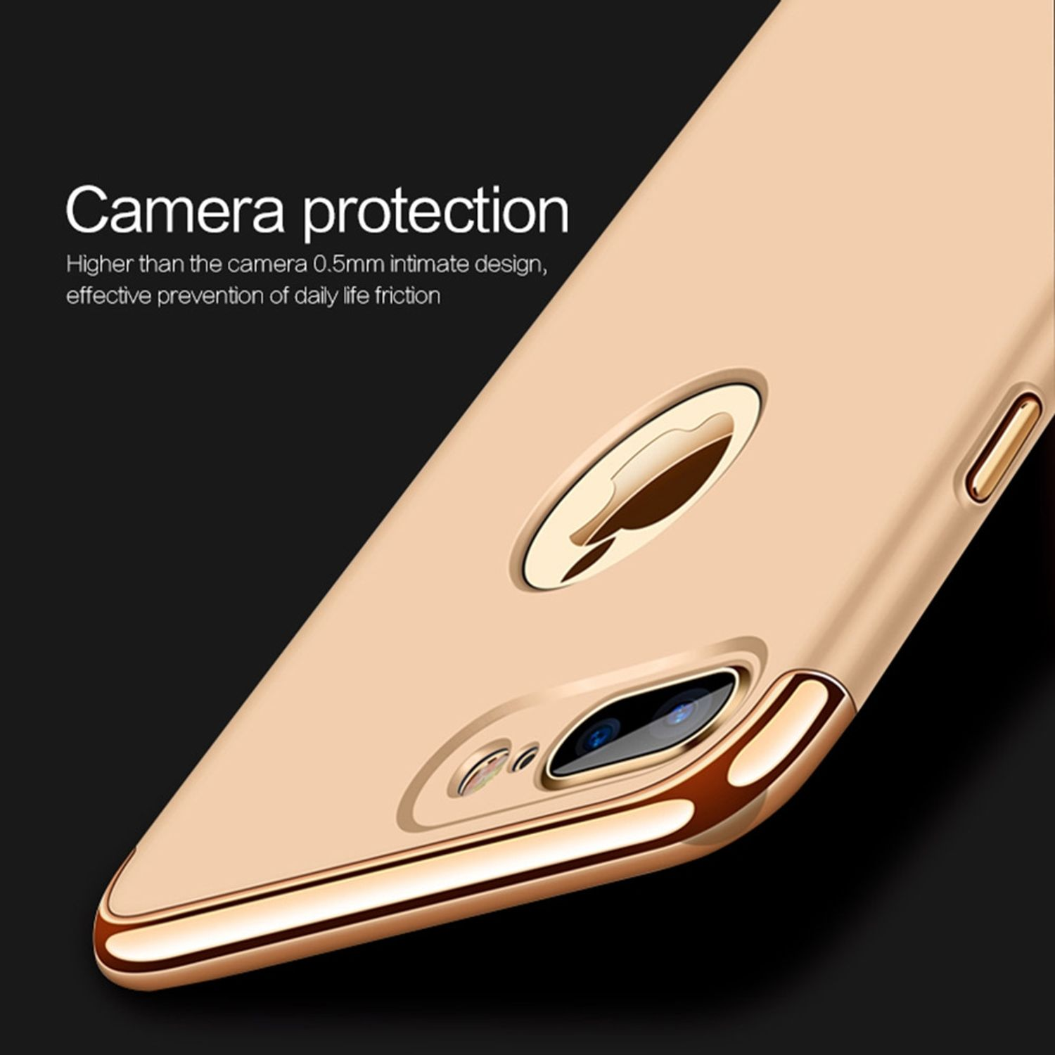 Nahaufnahme einer goldenen Handyhülle, Kameraschutz-Design mit schwarzem Hintergrund.