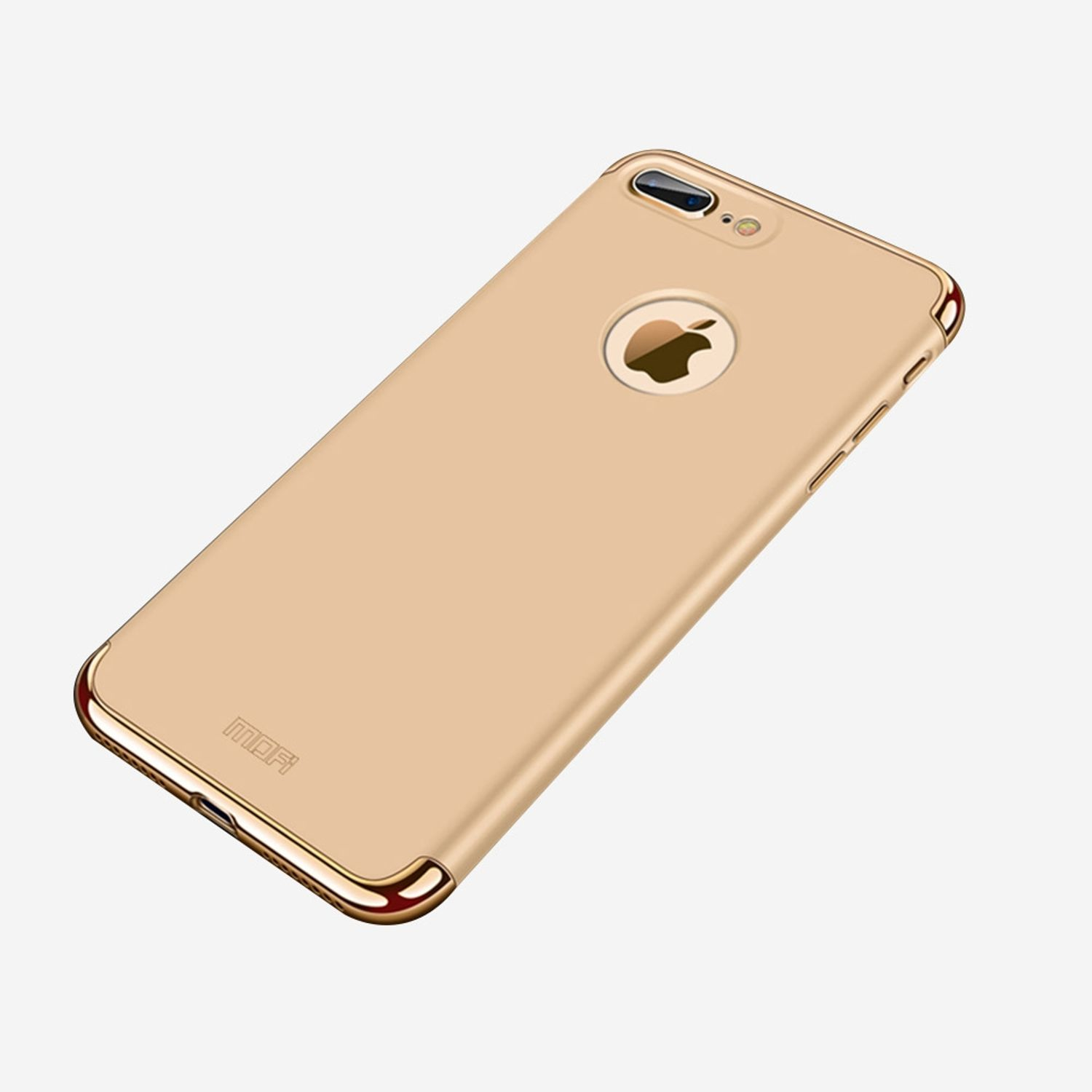 Goldene Handyhülle. Die Hülle befindet sich auf weißem Hintergrund. Sie hat einen Kamera- und Apple-Logo-Ausschnitt.