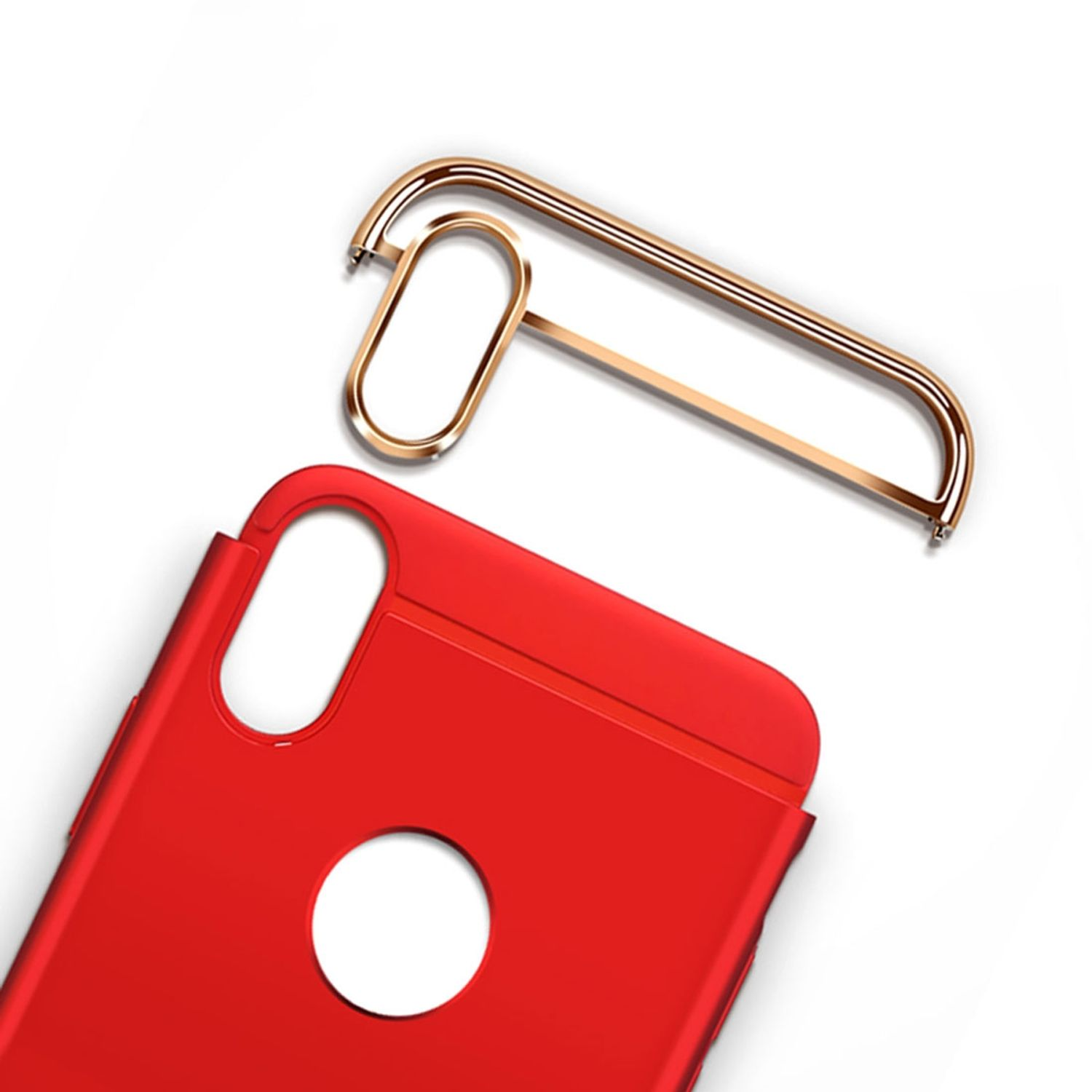 Rote Handyhülle mit goldenem Rahmen und separatem goldenen Telefonhalter.