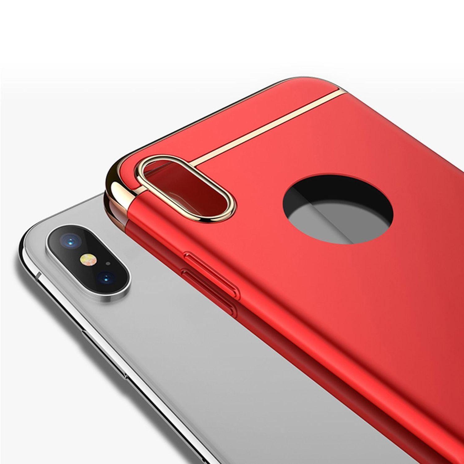 Rote Handyhülle mit goldfarbenem Rand, bedeckt ein silbernes Handy. Zeigt eine Nahaufnahme des Handys.