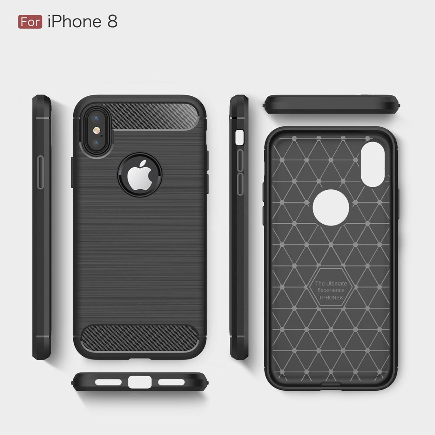 Schwarze Handyhülle mit Carbonfasertextur, für iPhone 8. Mehrere Ansichten: vorne, hinten, Seiten und oben.