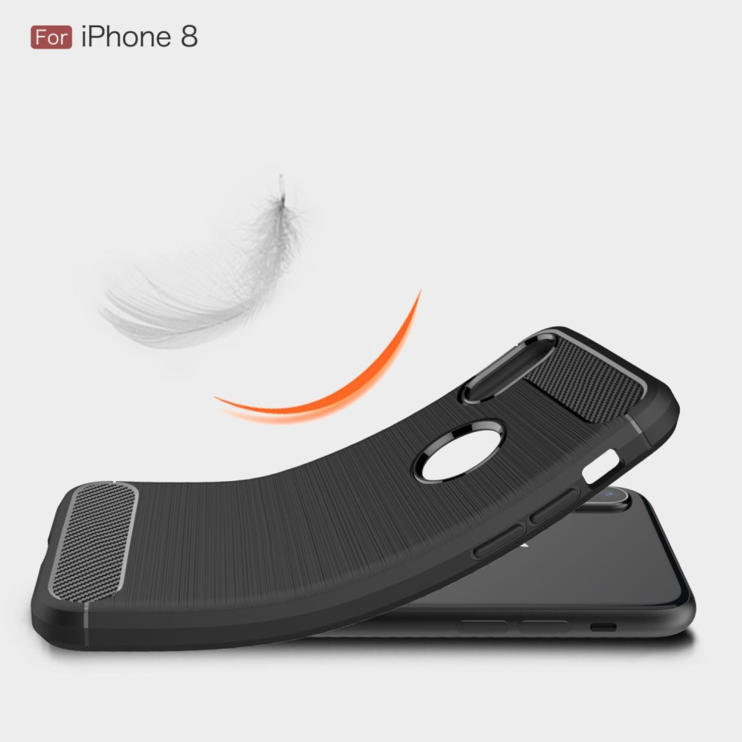 Schwarze Handyhülle mit einem iPhone 8. Eine Feder und eine orange Linie im Hintergrund. Neutraler Hintergrund.