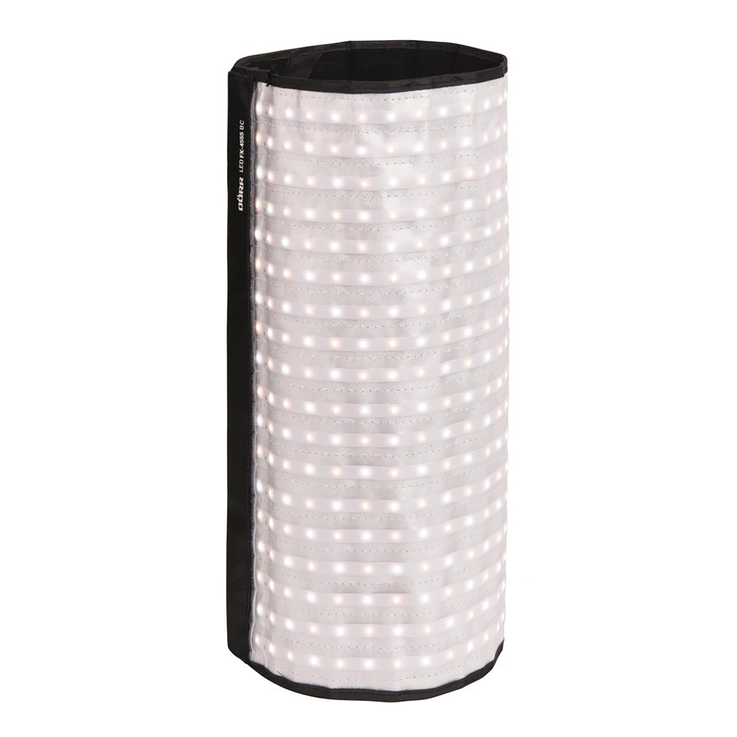 Ein zylindrisches Lichtpaneel mit vielen kleinen Lichtern, schwarzer Rand an den Rändern.