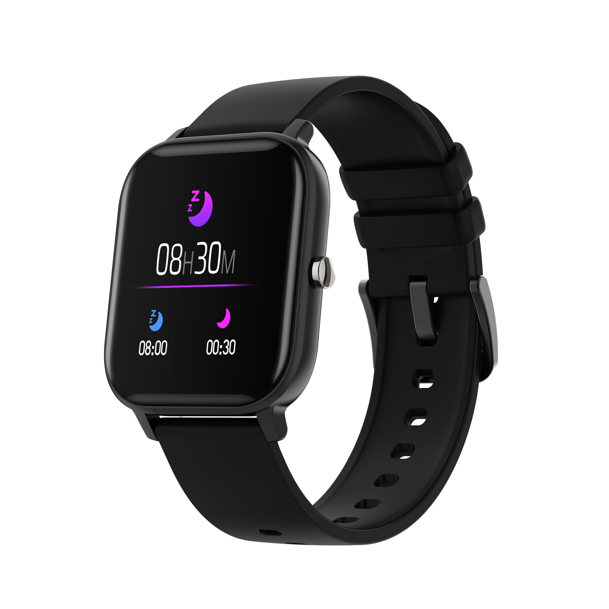 Schwarze Smartwatch, quadratischer Bildschirm. Zeigt Zeit, Mond/Sonne-Symbole. Schwarzes Armband. Weißer Hintergrund.