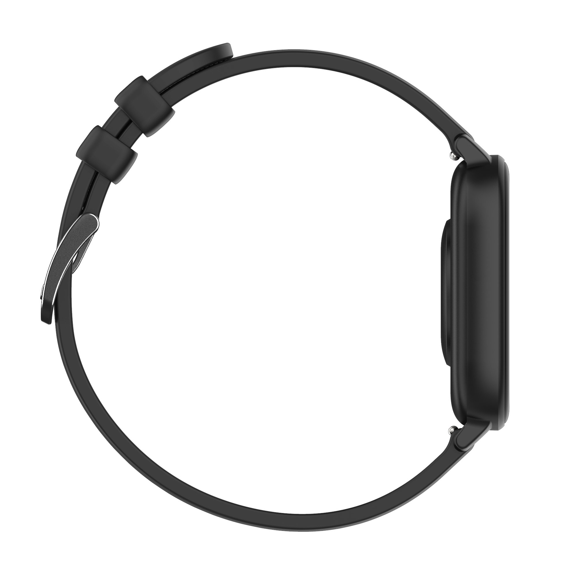 Schwarze Smartwatch in Seitenansicht. Das Armband ist mit der Uhr verbunden.
