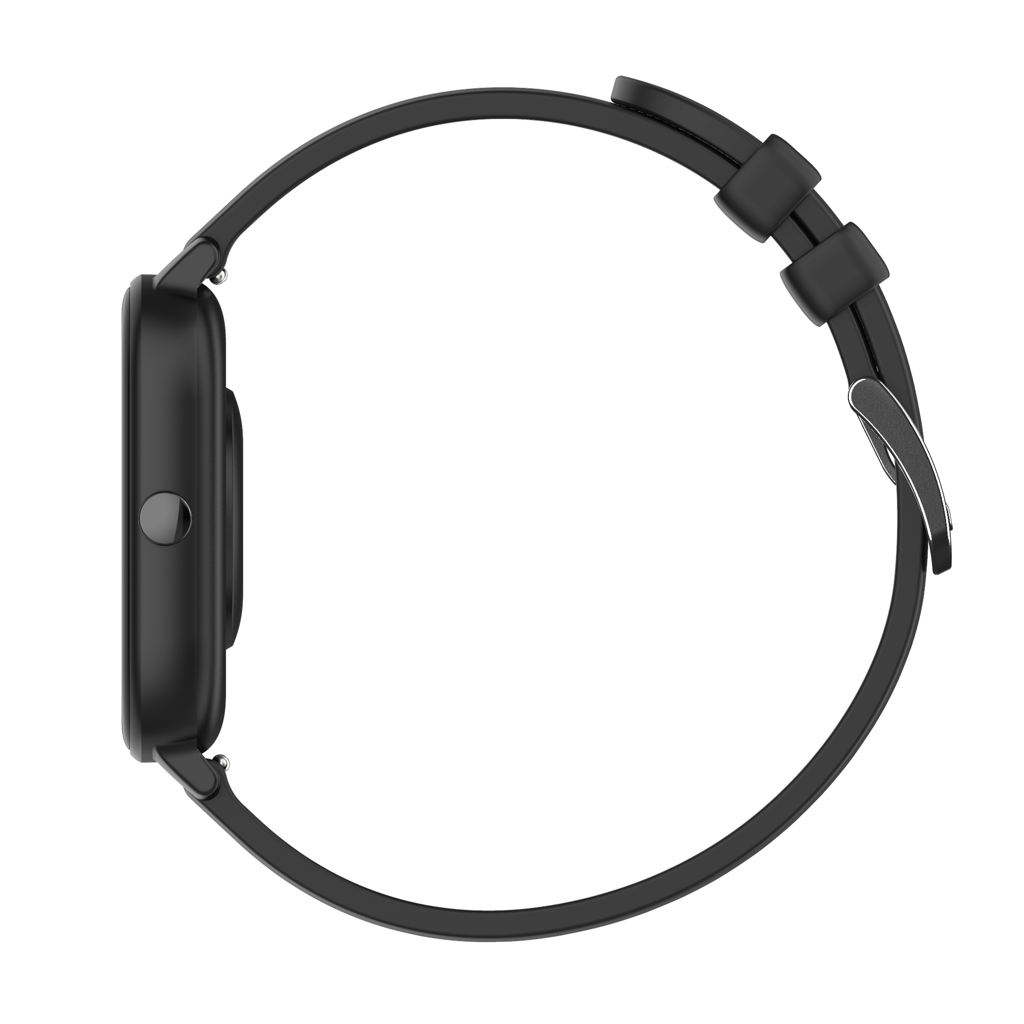 Schwarze Smartwatch, Seitenansicht, mit schwarzem Armband, auf weißem Hintergrund.