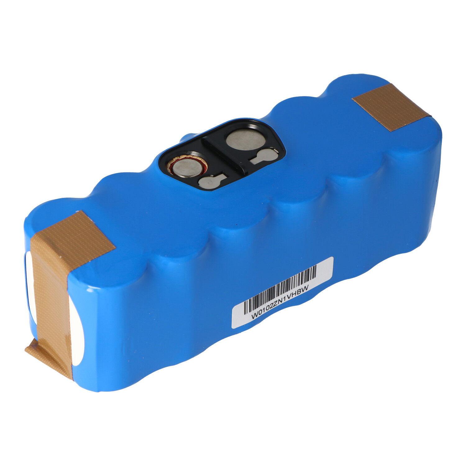 Blaue Batterie mit braunem Klebeband. Die Batterie ist rechteckig und hat einen Aufkleber.