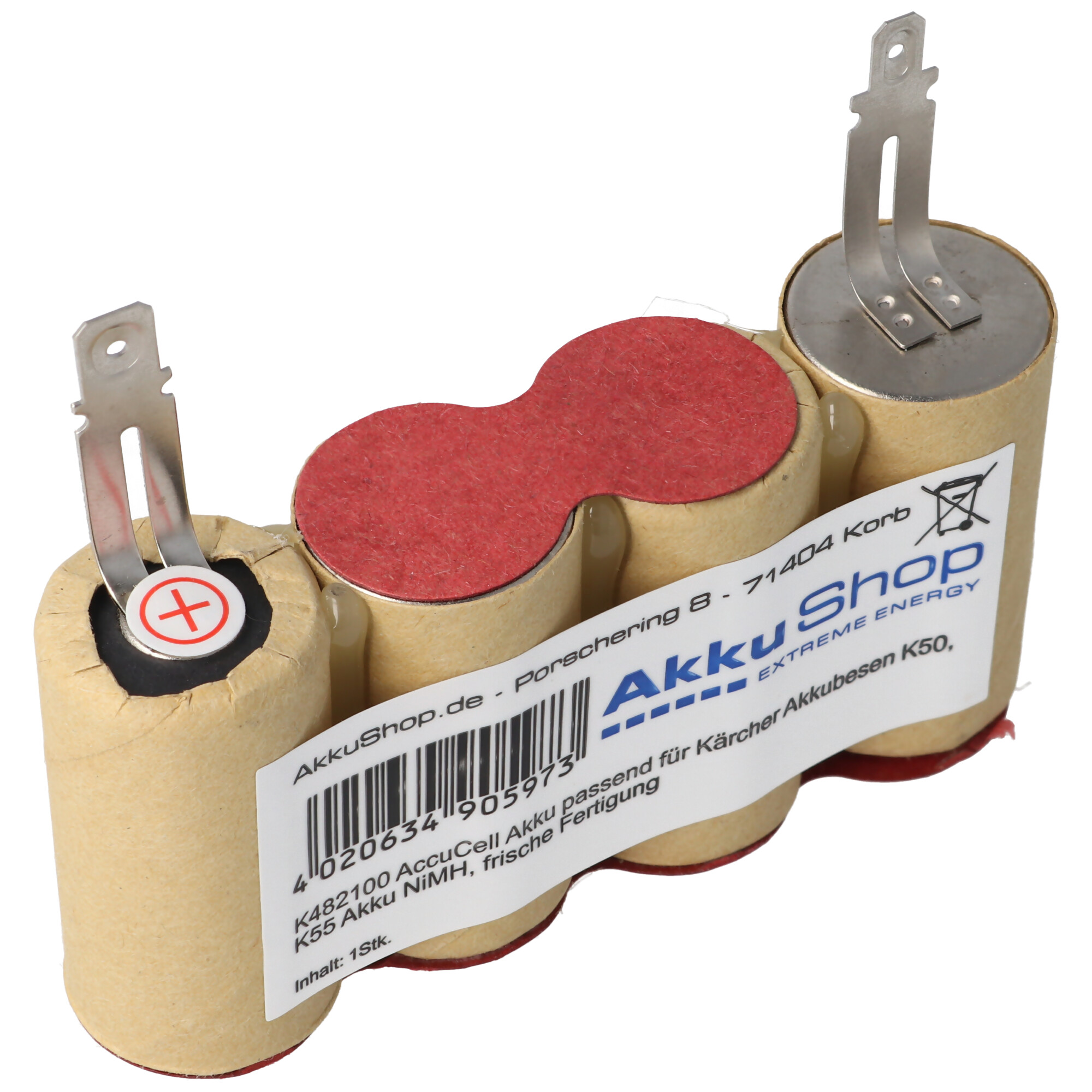 Akkupack mit rotem Aufkleber und Metallkontakten. Text auf dem Etikett lautet 'AkkuShop.de'.