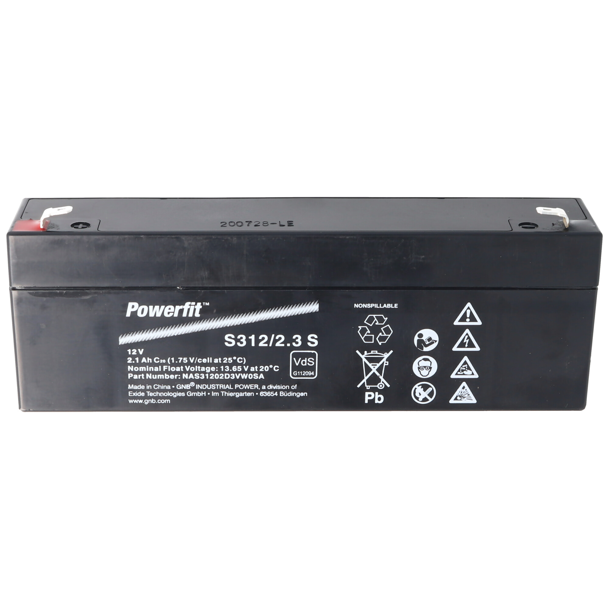 Schwarzes rechteckiges Batteriepack mit Text und Warnungen.