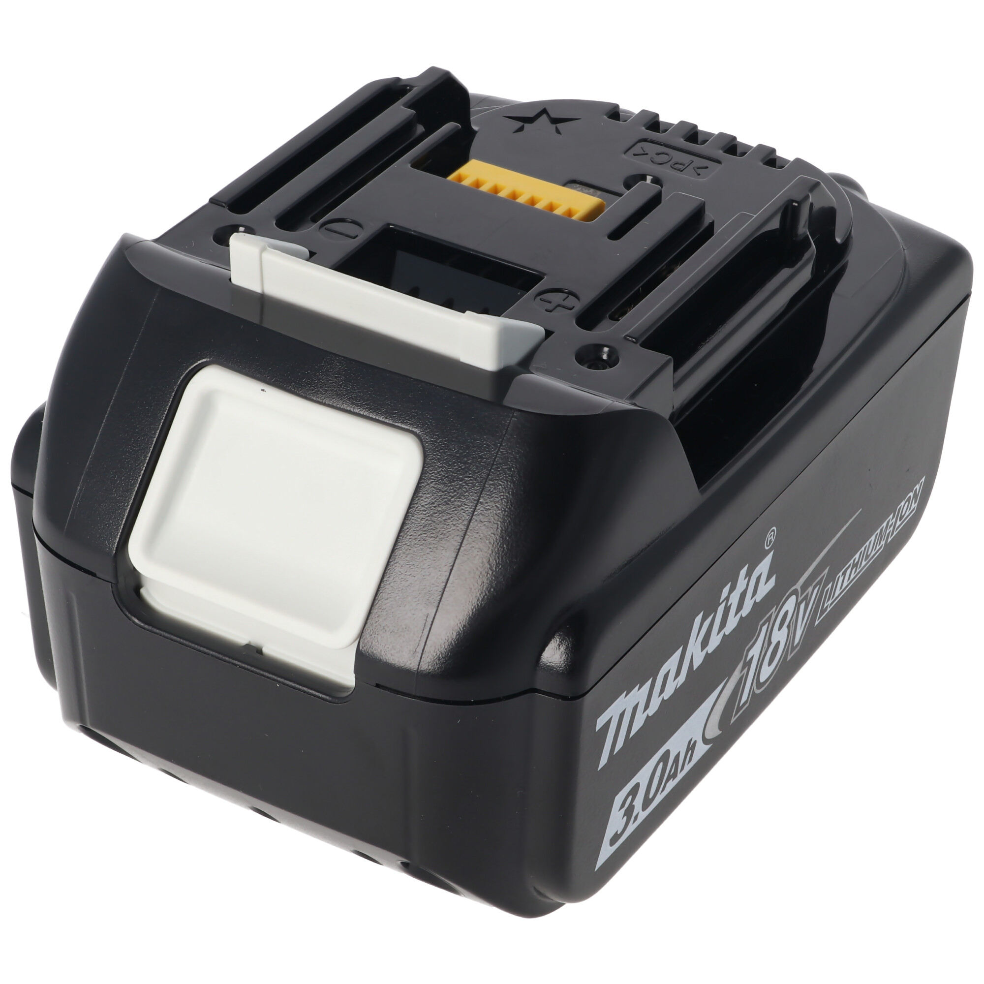 Batteria Makita nera, dettagli bianchi e gialli, isolata.