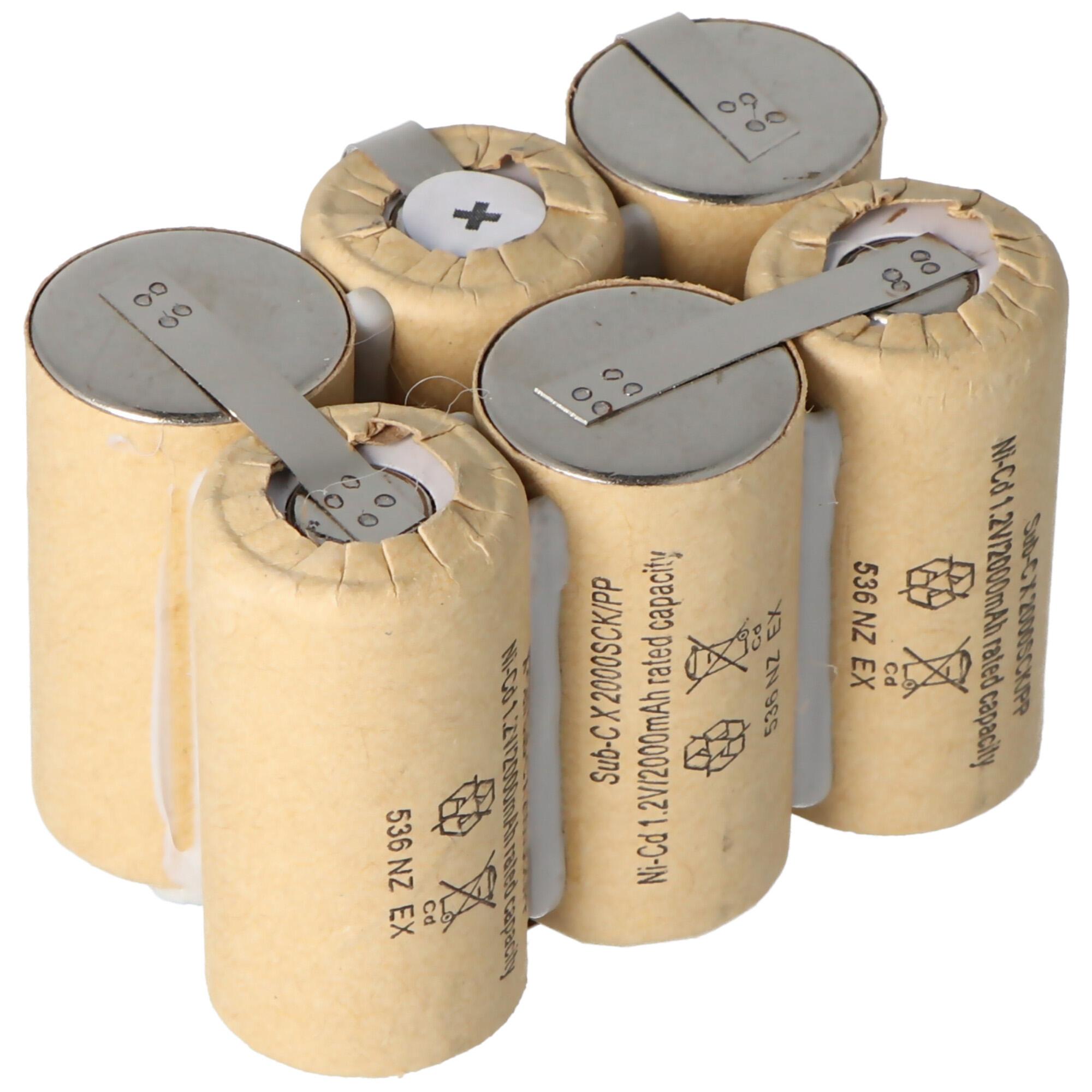 Sechs zylindrische Batterien, verbunden durch Metallstreifen. Jede Batterie hat Text und Symbole.