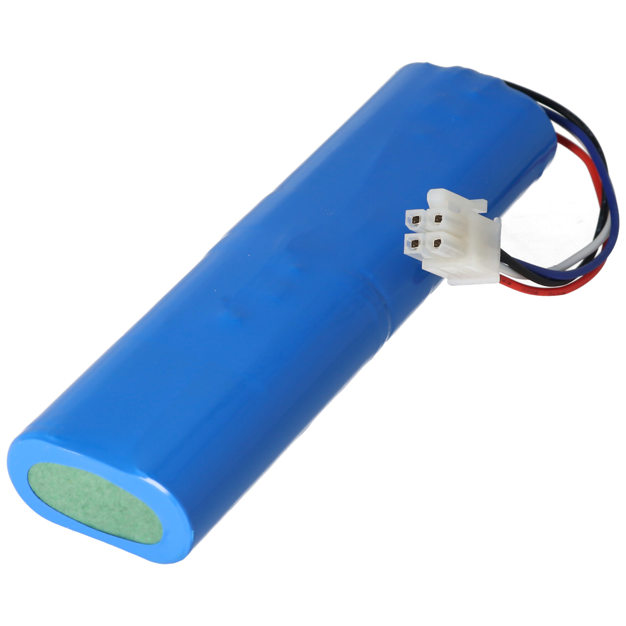 Blaue zylindrische Batterie mit Stecker und Drähten, schräge Ansicht.