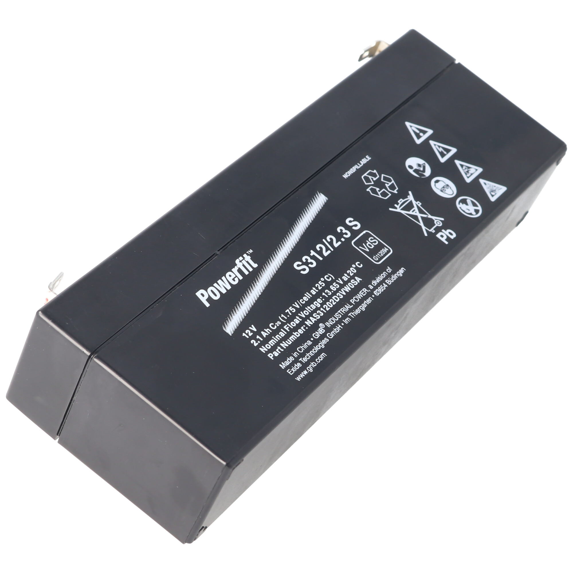 Schwarze rechteckige Batterie mit Etiketten. Sie enthält Warnungen und Informationen zu Spannung und Kapazität.