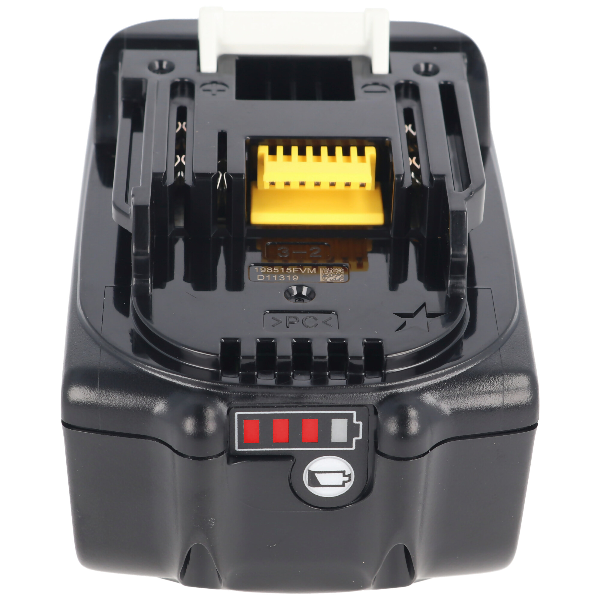 Batteria nera con connettori gialli e indicatori di livello batteria rossi. Sfondo bianco.