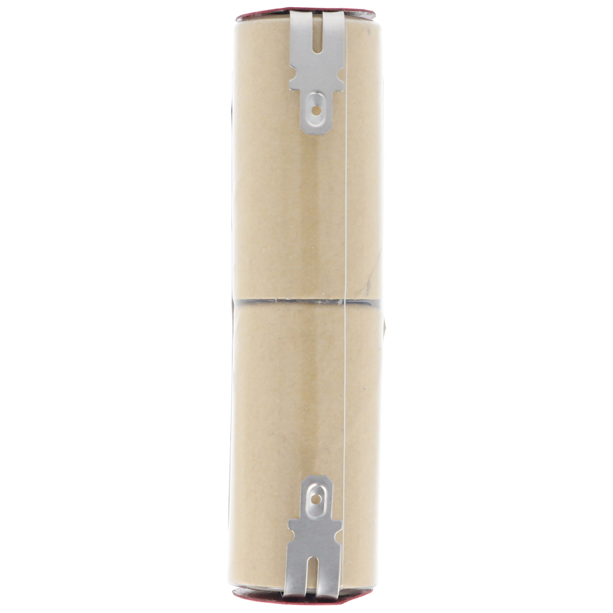 Twee beige batterijen verbonden, met metalen connectoren aan beide uiteinden.