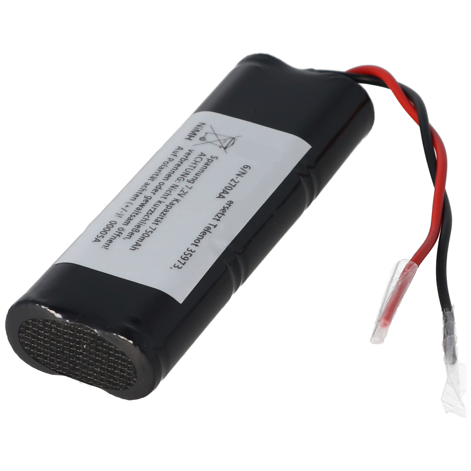 Schwarze Batterie mit roten und schwarzen Drähten, mit weißem Etikett.
