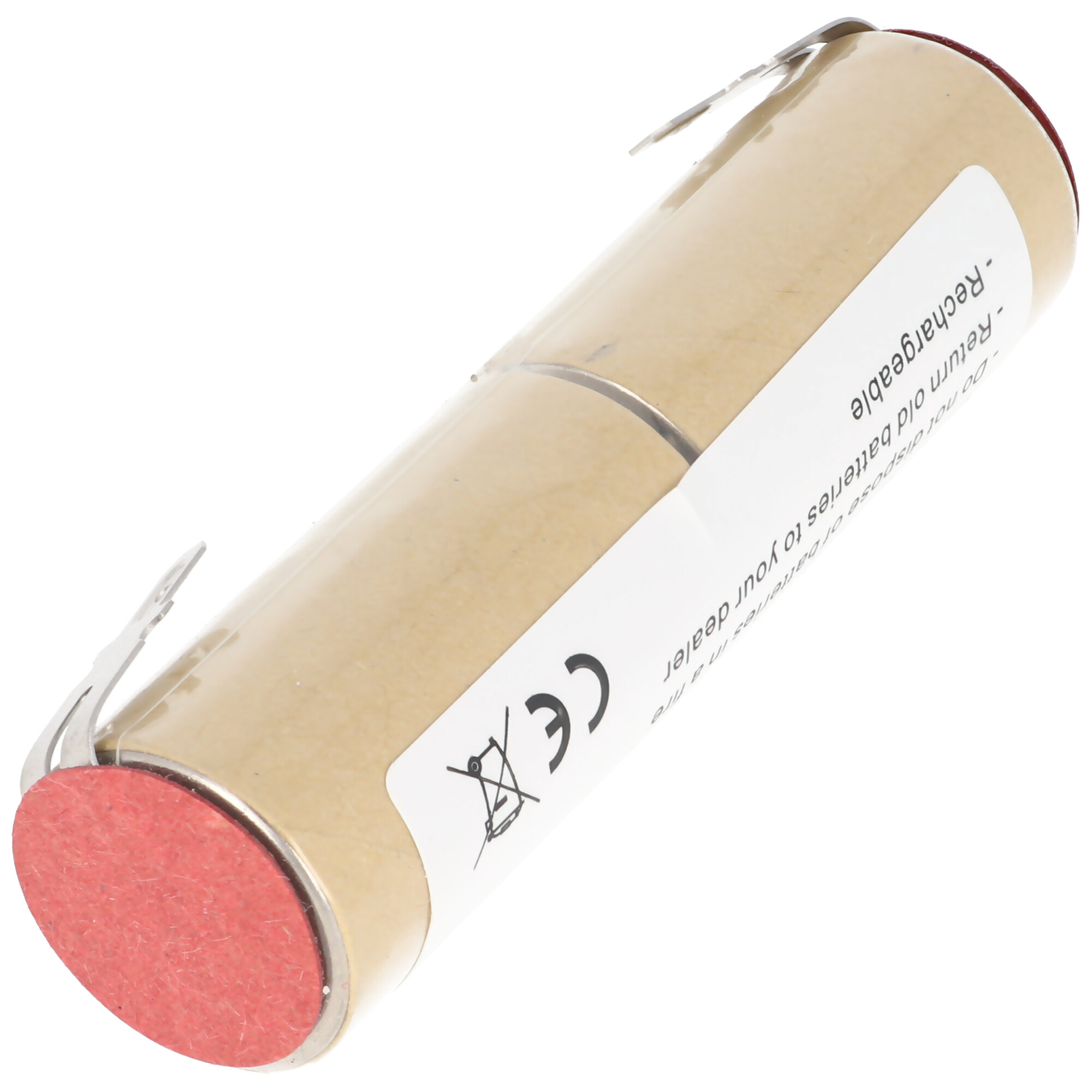 Zylindrische Batterie auf Weiß. Sie ist beige mit roter Oberseite.