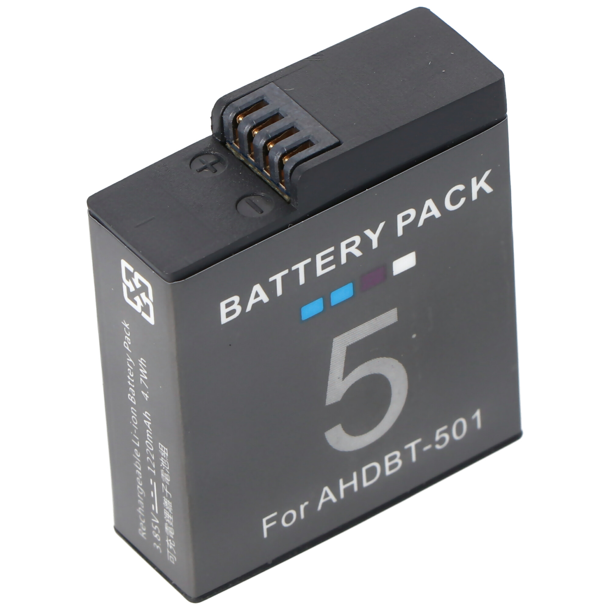 Schwarzer Akku mit der Aufschrift 'BATTERY PACK 5 For AHDBT-501'.