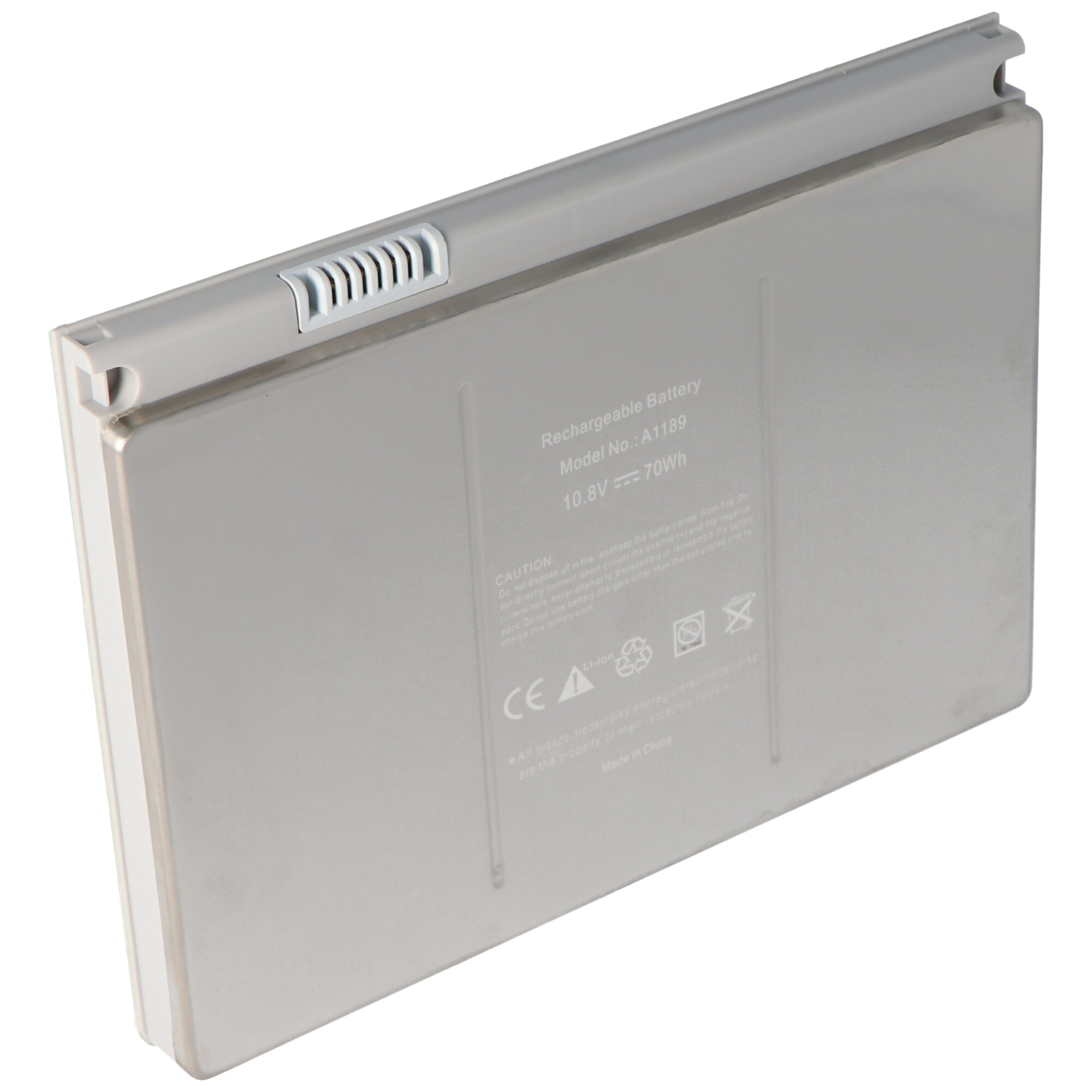 Silberne Laptop-Batterie mit Etikett, 10,8 V 70 Wh. Graue rechteckige Form aus Kunststoff, weißer Hintergrund.