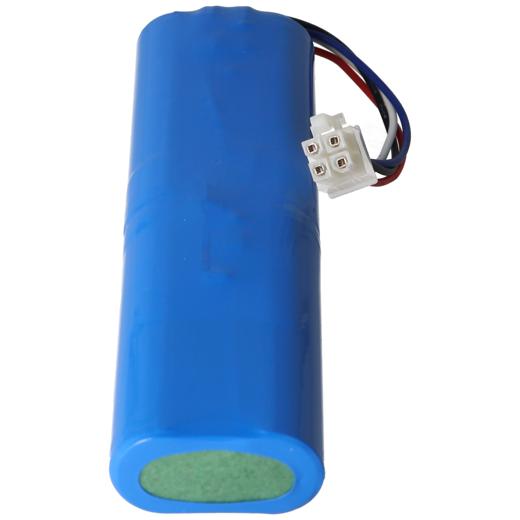 Blaue Batterie mit weißem Stecker und Drähten. Der Hintergrund ist weiß.