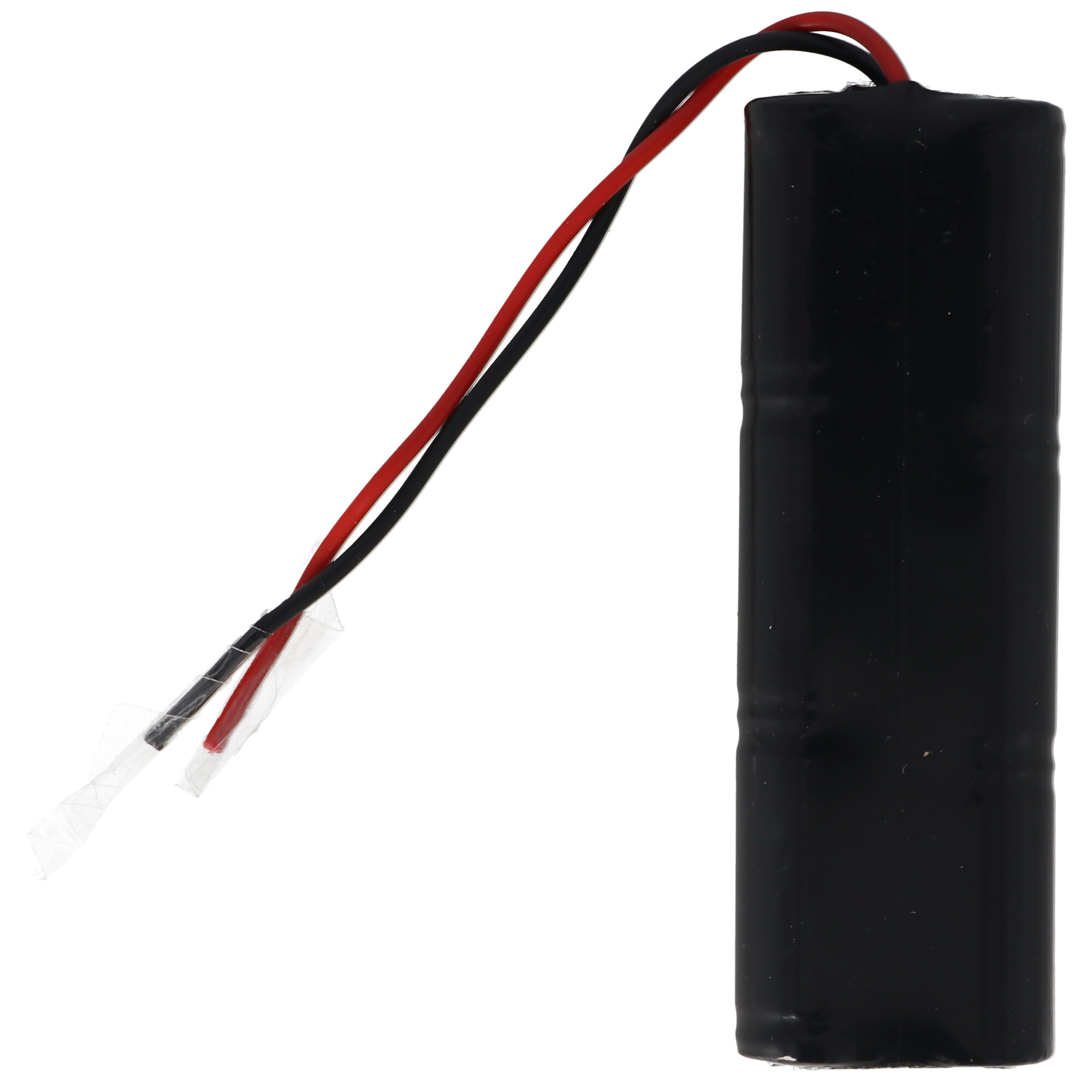 Schwarze Batterie mit roten und schwarzen Drähten. Drähte ragen oben heraus.