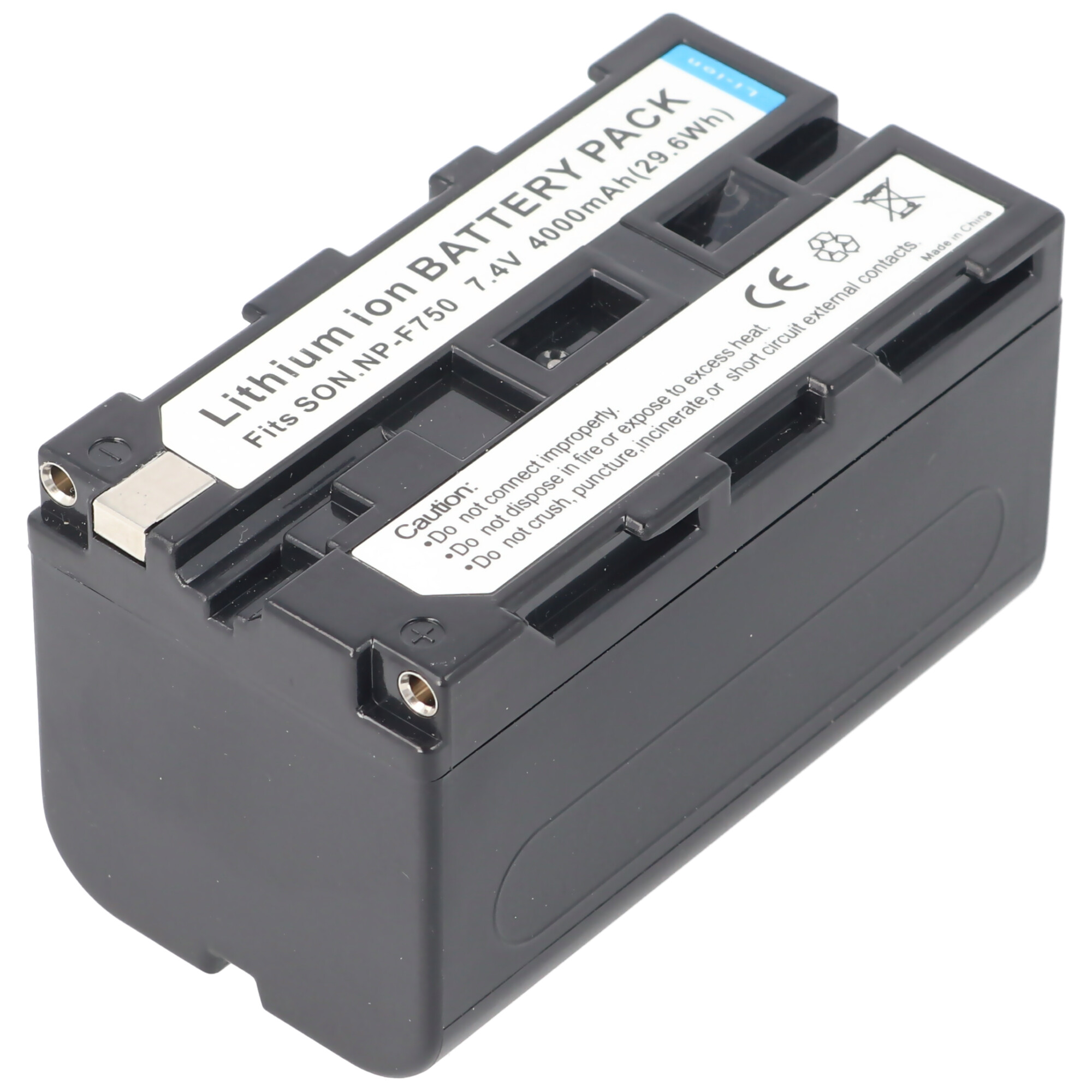 Schwarzes Akku-Pack mit weißen Etiketten. Text enthält 'Lithium-Ionen-Akku' und Sicherheitshinweise.