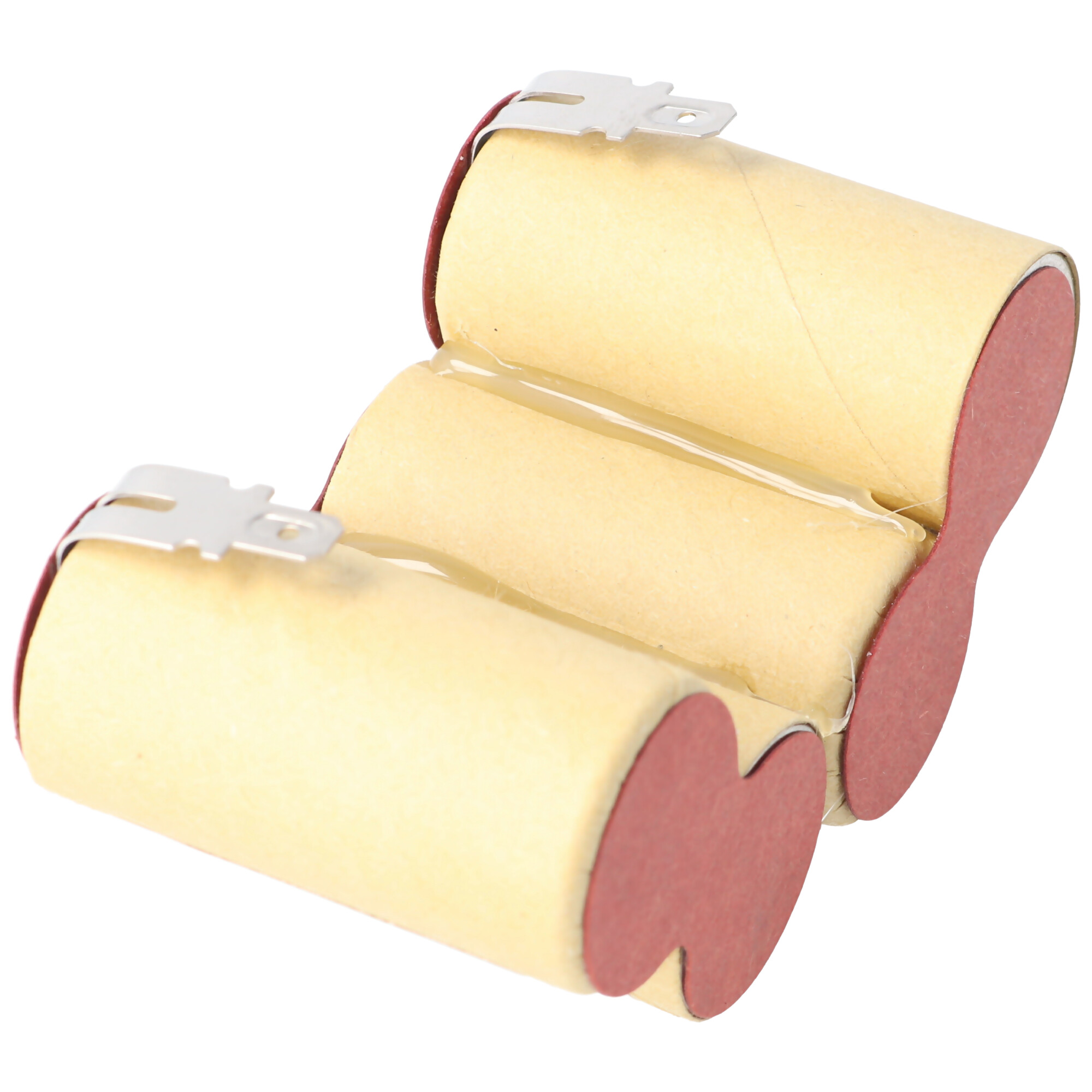Drei zylindrische Batteriezellen verbunden. Beige mit roten Endkappen, Metalllaschen oben.