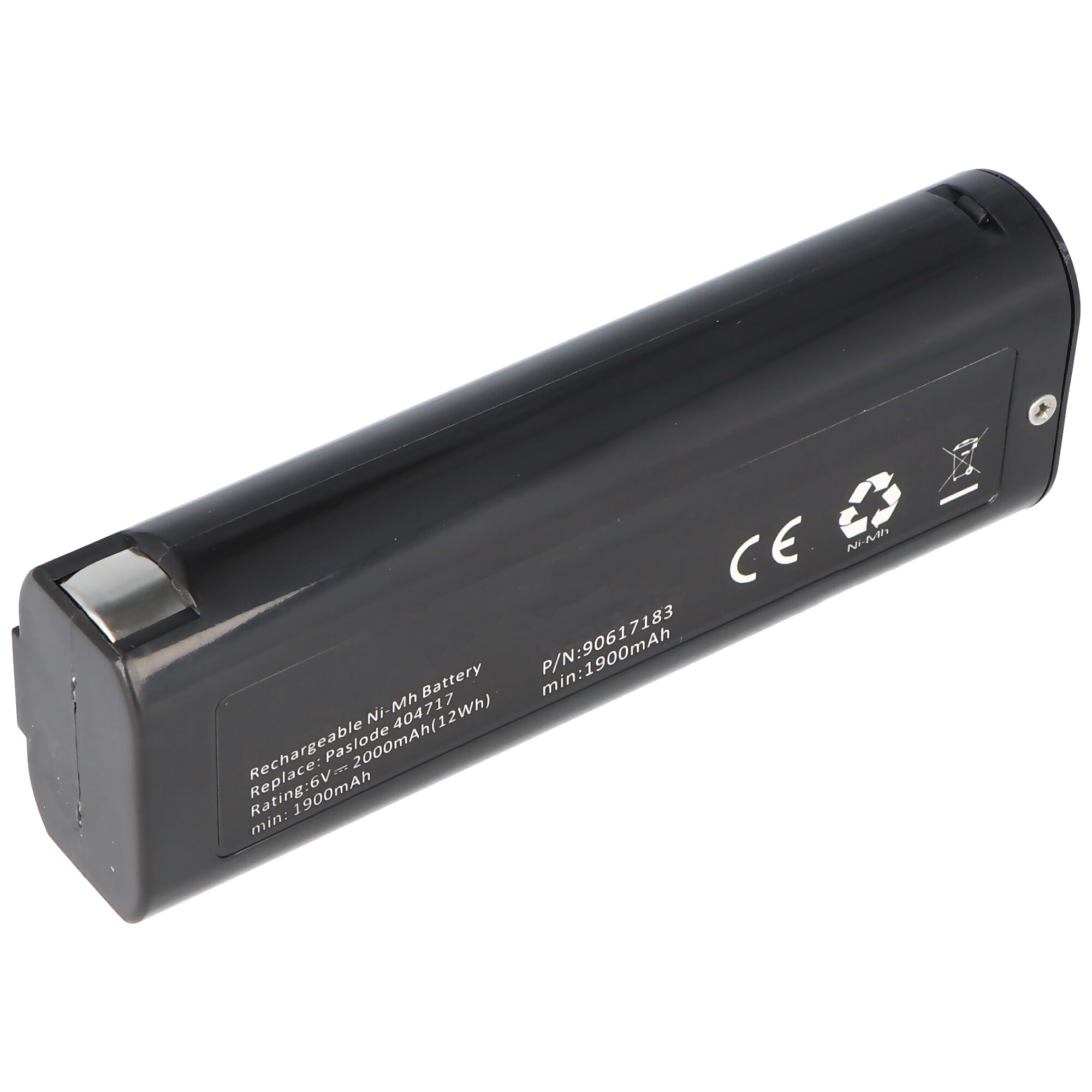 Schwarzer rechteckiger Akku. Text: Wiederaufladbare Ni-Mh Batterie, 404/17 ersetzen, 1900mAh. Weißer Hintergrund.