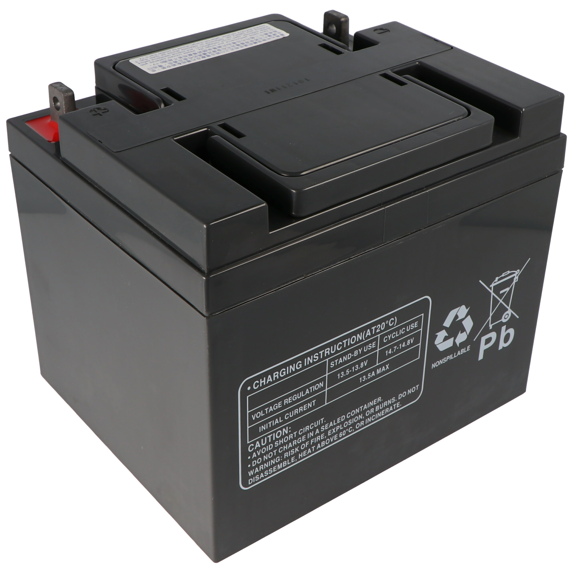 Schwarze rechteckige Batterie mit Ladehinweis und Warnsymbol.