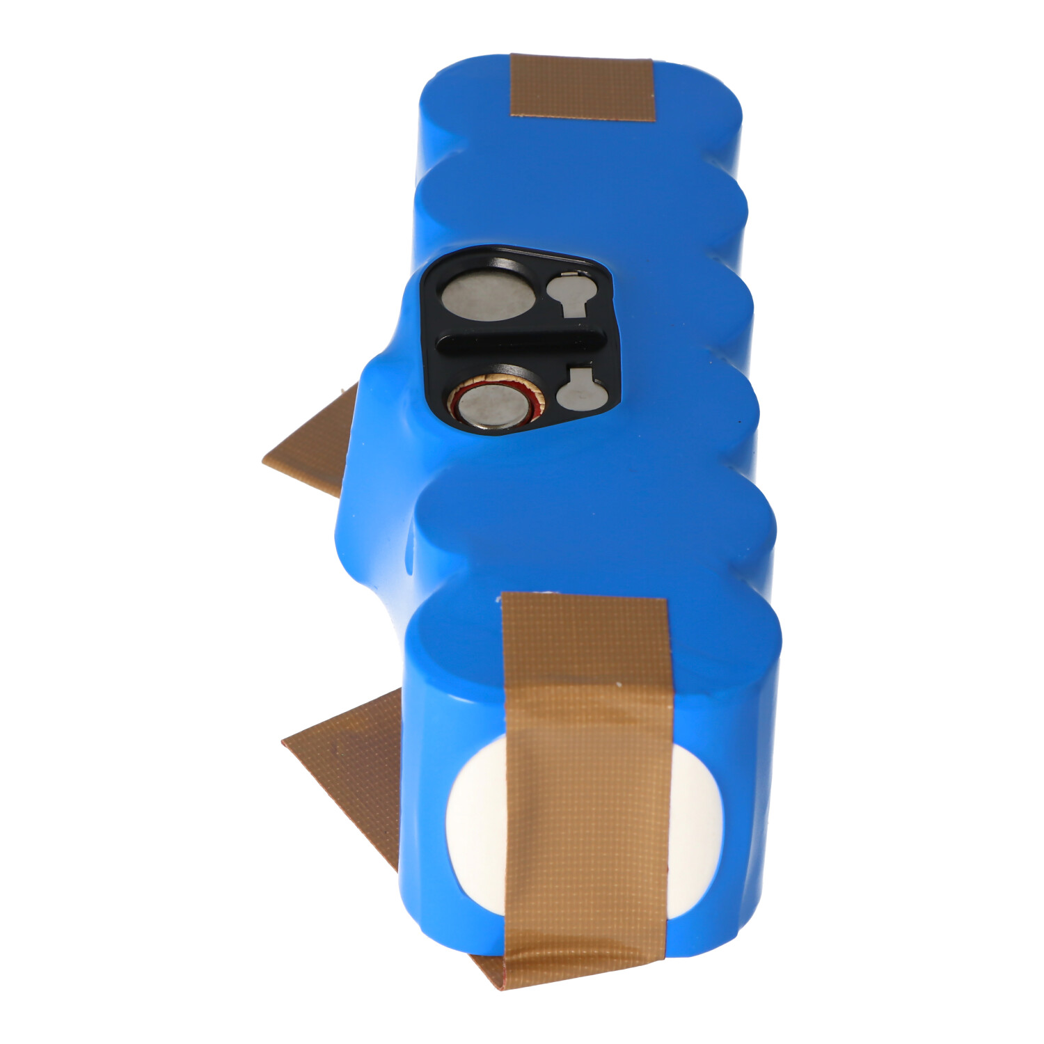 Blaues Akku-Pack mit braunem Klebeband und Metallkomponenten.