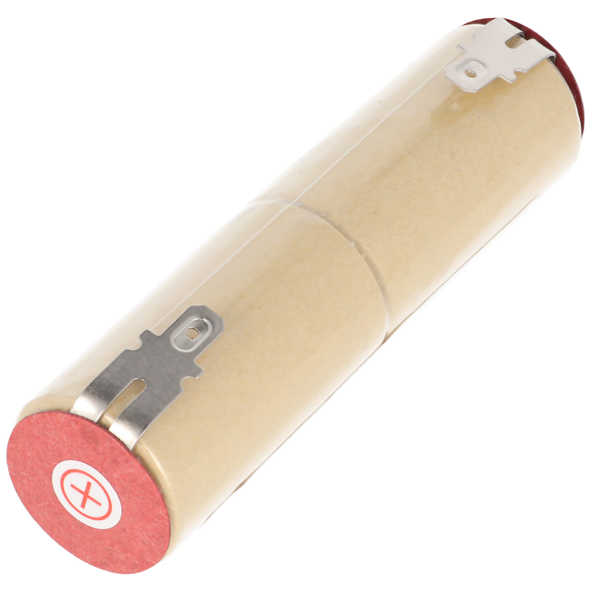 Een cilindrische batterij met een rood-witte bovenkant en een metalen connector aan elk uiteinde.