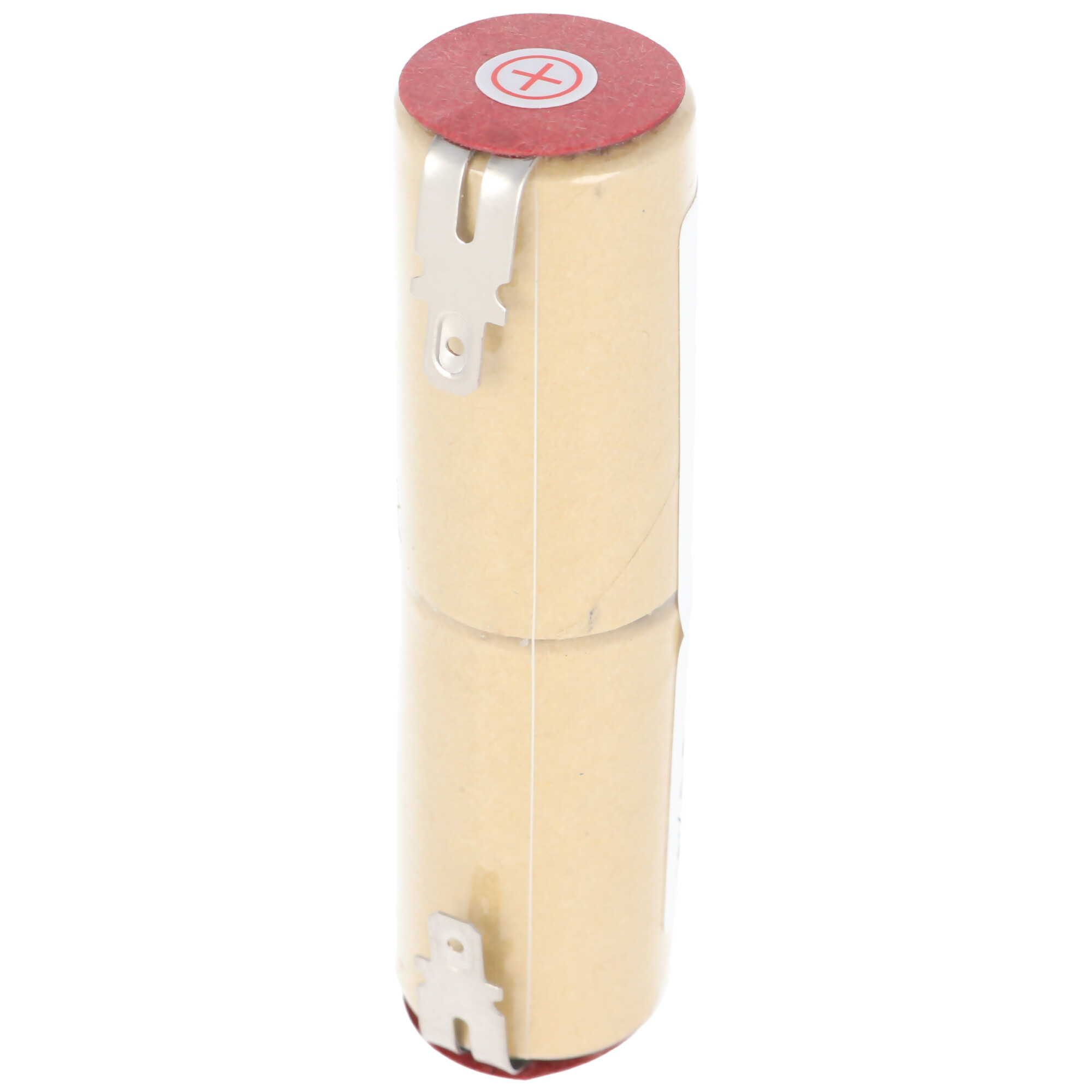 Een lange, cilindervormige batterij is crèmekleurig met een rode, cirkelvormige sticker bovenop. Het zit in een doorzichtige plastic hoes.