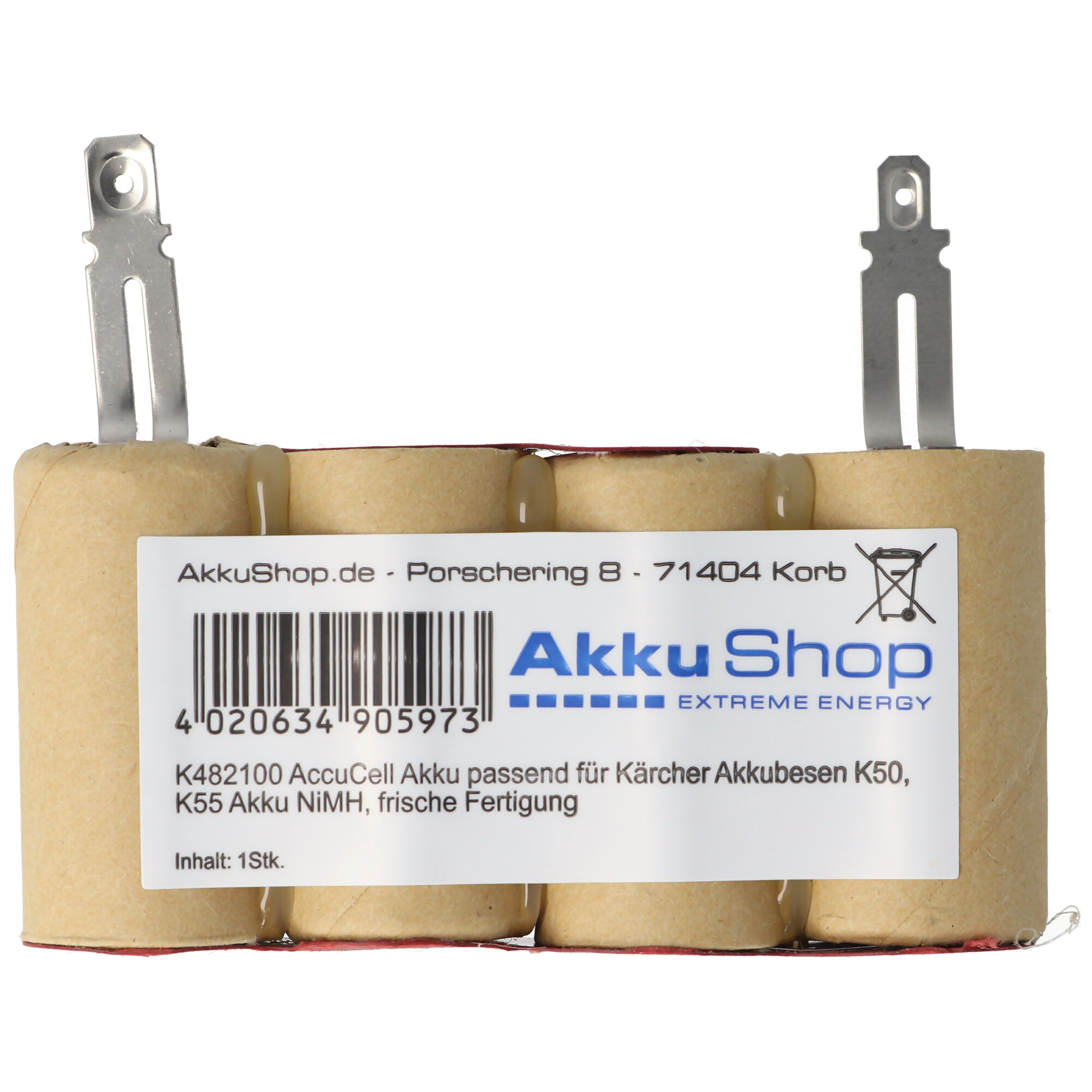 Eine Packung mit 6 braunen Batterien mit Metallkontakten. Auf dem Etikett steht 'AkkuShop.de'.