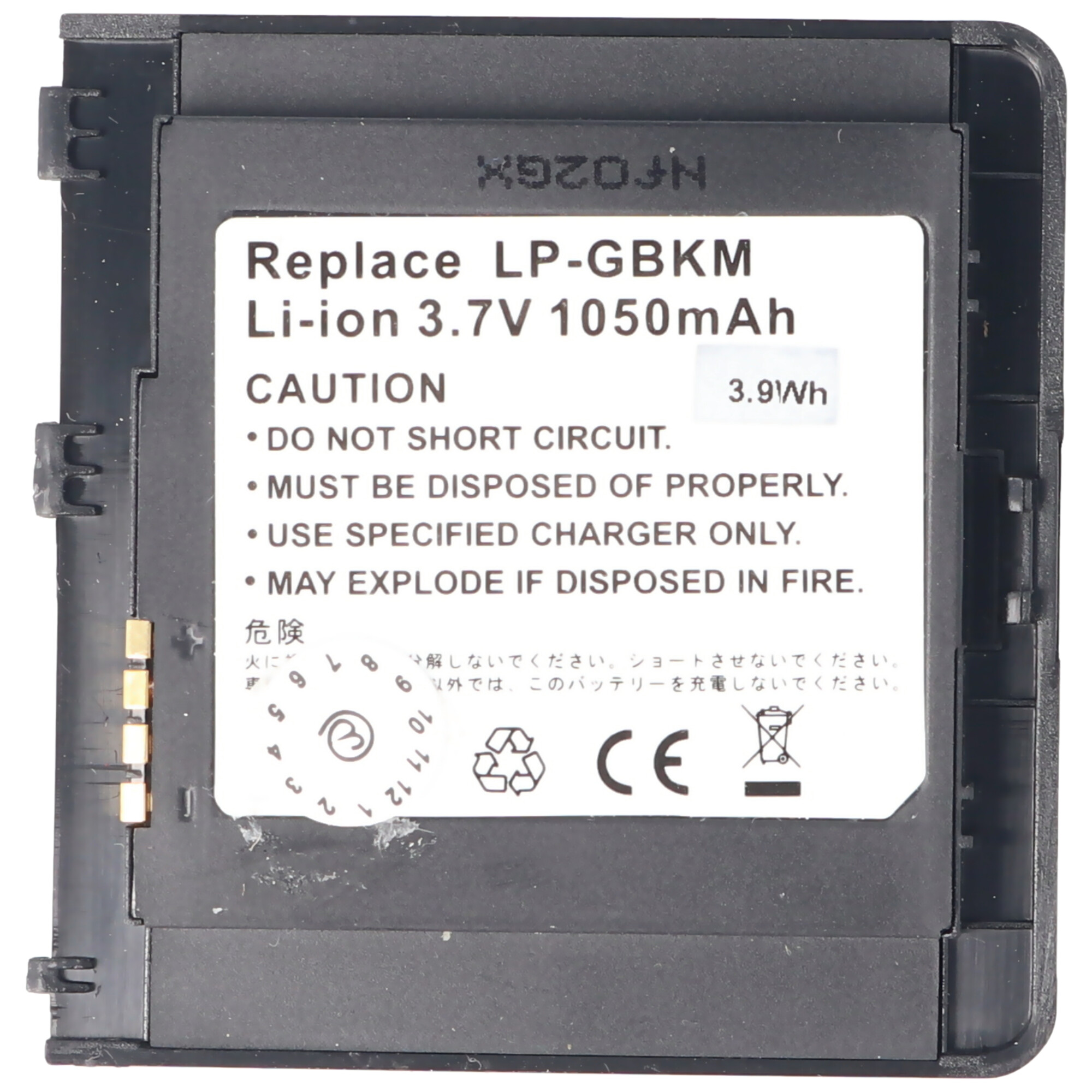 Batterieetikett mit Warnhinweisen. Schwarze Batterie mit weißem Etikett, enthält Text und Symbole.
