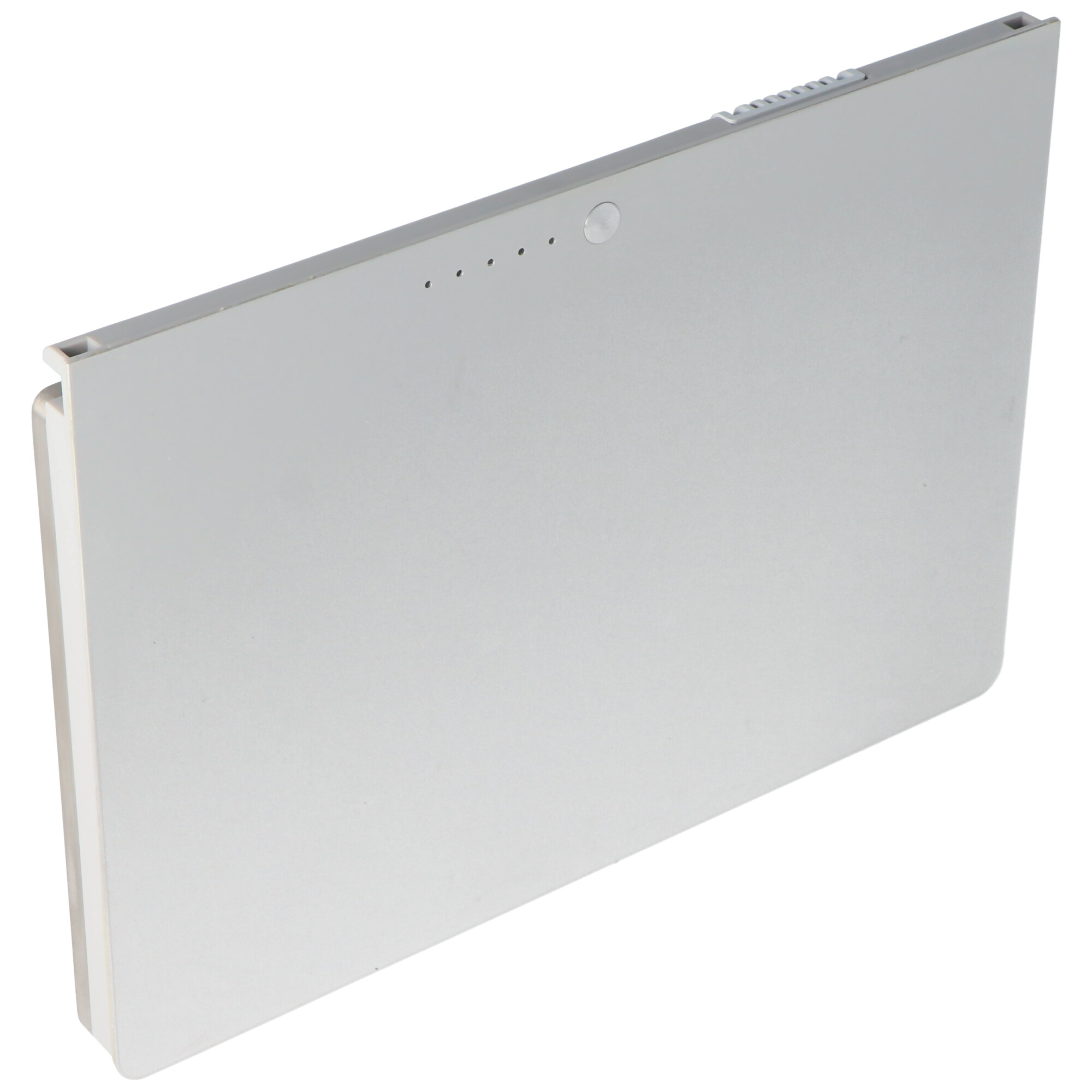 Ein silbernes, rechteckiges Gerät, möglicherweise ein Tablet oder Laptop, mit einem Ein-/Ausschalter oben.