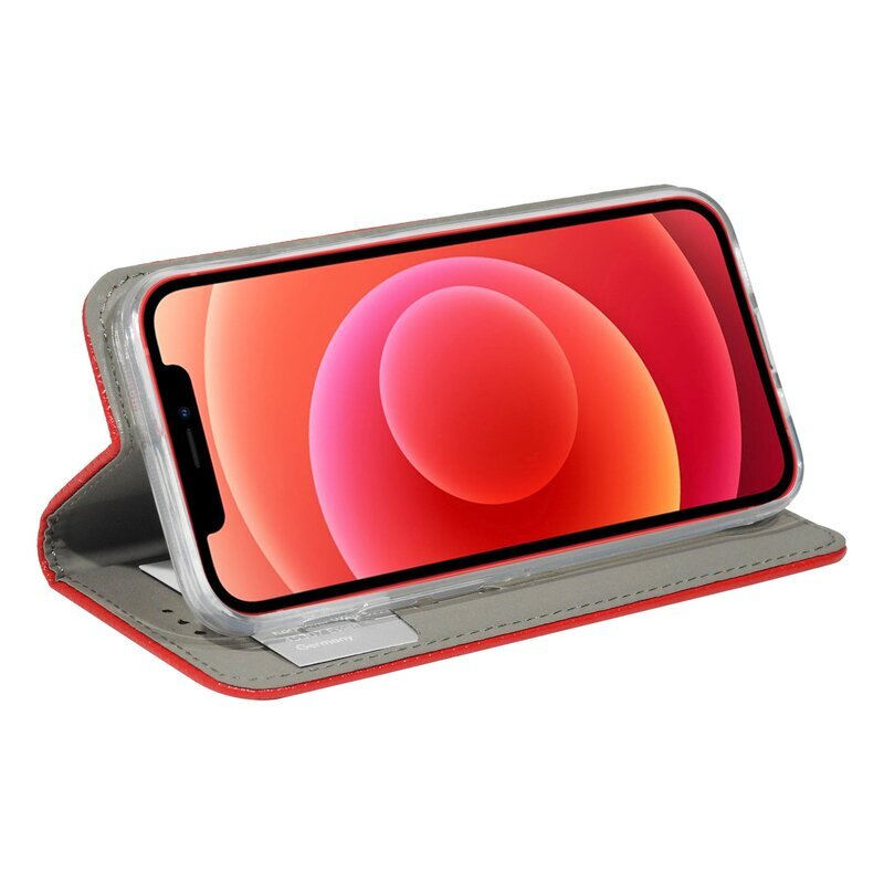 Rotes Telefon in einer rot-grauen Lederhülle. Das Telefon ist in der Hülle sichtbar.
