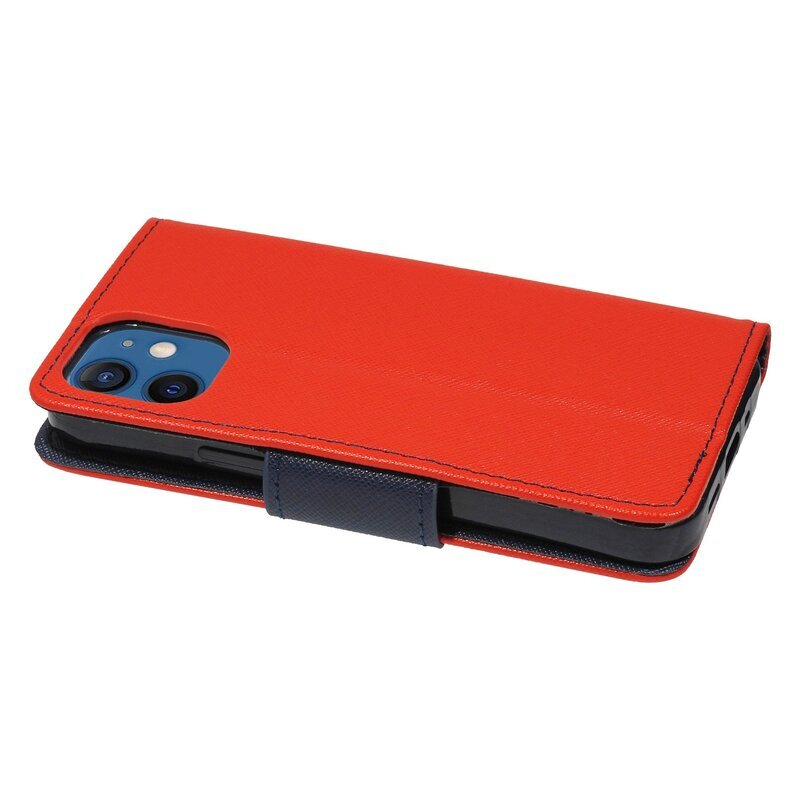 Rote Handyhülle mit schwarzem Innenraum. Die Hülle ist offen und gibt das Telefon frei. Ein marineblauer Riemen ist befestigt.