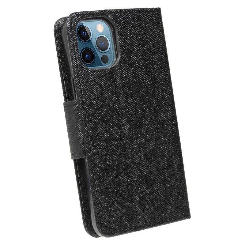 Schwarze Handyhülle mit Telefon. Die Hülle hat eine strukturierte Oberfläche und Magnetverschluss.