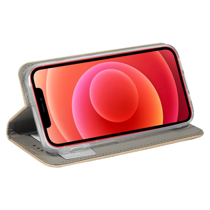 Ein Smartphone in einer Brieftasche. Der Telefonbildschirm zeigt ein rotes und oranges Design. Das Etui ist geöffnet.