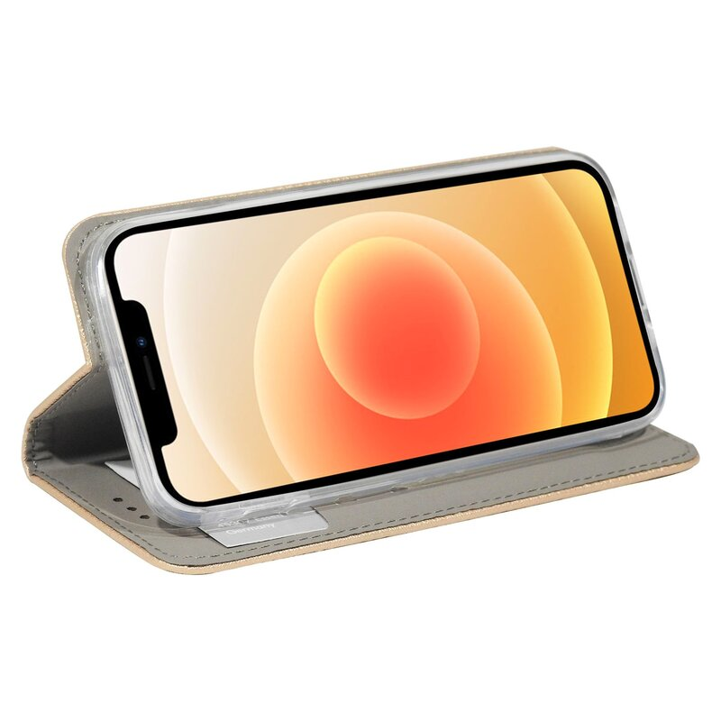 Ein Telefon in einer beigefarbenen Lederhülle. Das Telefon zeigt ein farbenfrohes abstraktes Bild.