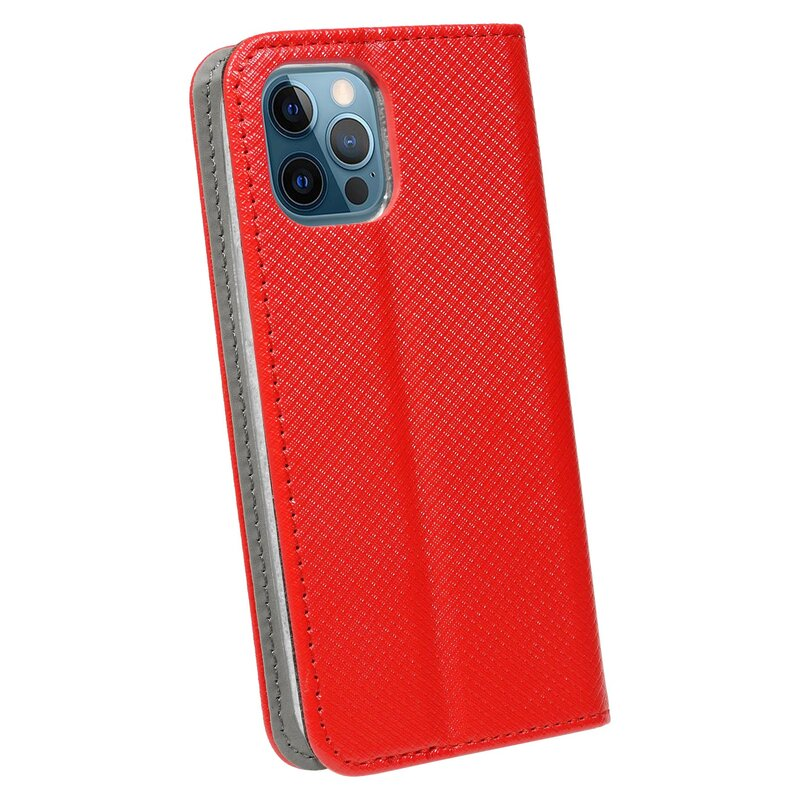 Eine rote Handyhülle geöffnet, das Telefon zeigend. Die Hülle hat ein strukturiertes Muster.