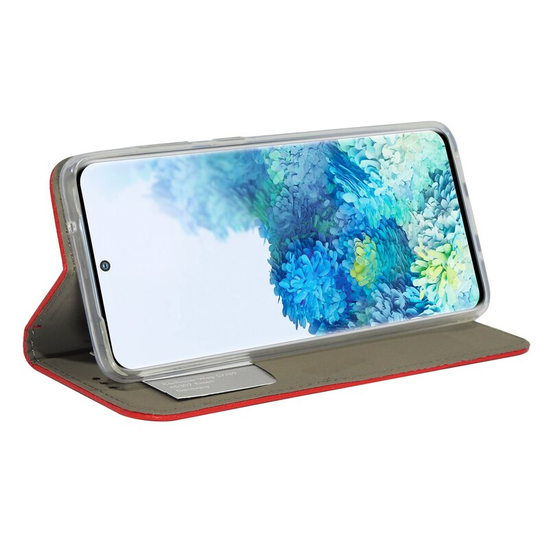 Ein Smartphone in einer roten Hülle. Der Bildschirm zeigt ein farbenfrohes Bild. Die Hülle ist offen.