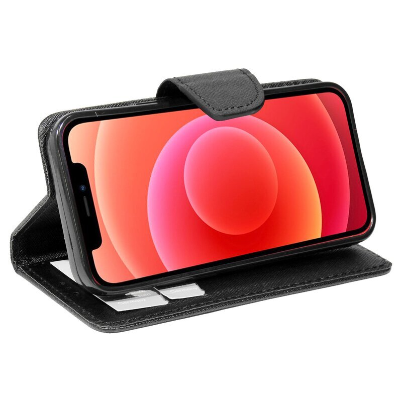 Schwarze Handyhülle mit Telefon, das einen roten Hintergrund auf dem Bildschirm zeigt.